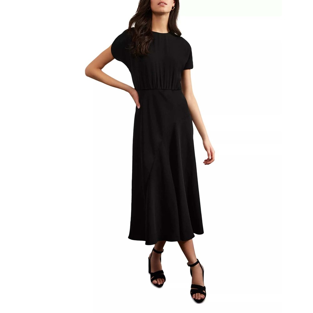 Hobbs‎ London Hampton Midi Dress Black Empire Waist Lined Short Sleeve Size 16